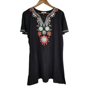 THML Sz Large Shift Dress Black Blue Boho Flutter Sleeve Embroidered Summer Folk